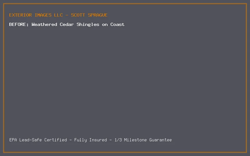Weathered and bleached cedar shingles on coastal cottage